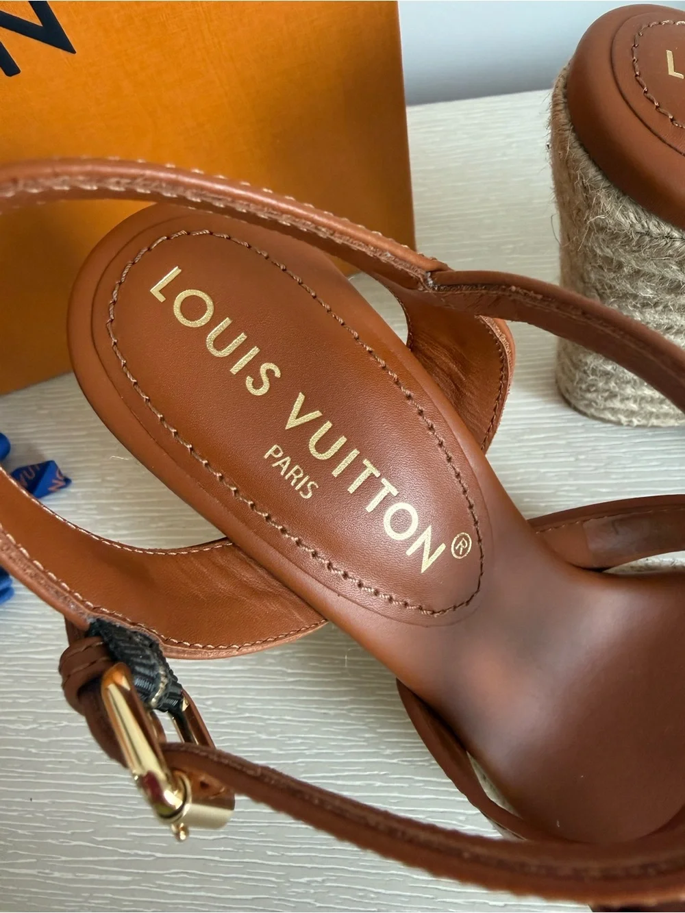 NEW! Louis Vuitton Isolde Wedge Sandals- cognac Leather